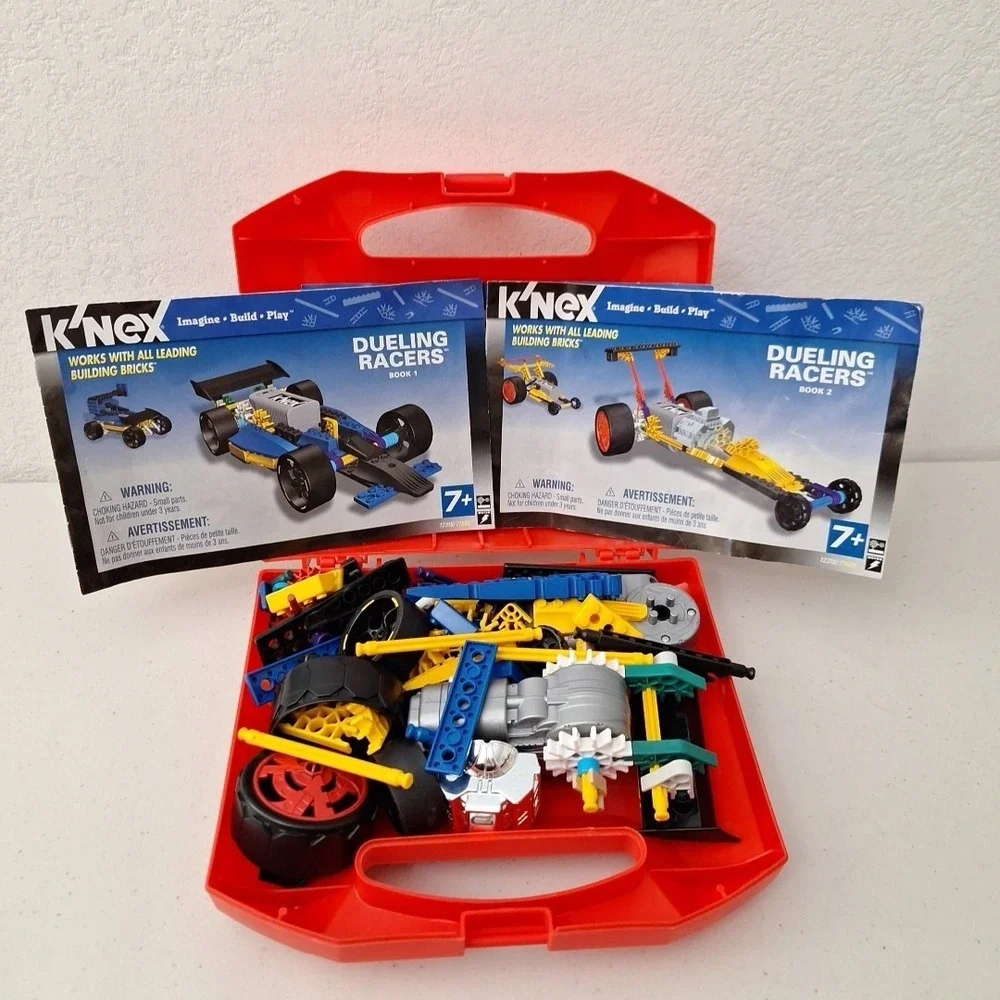 K'NEX Kinex Red Hard Box Case Filled with Knex !! Dueling Racers Book 1 & 2